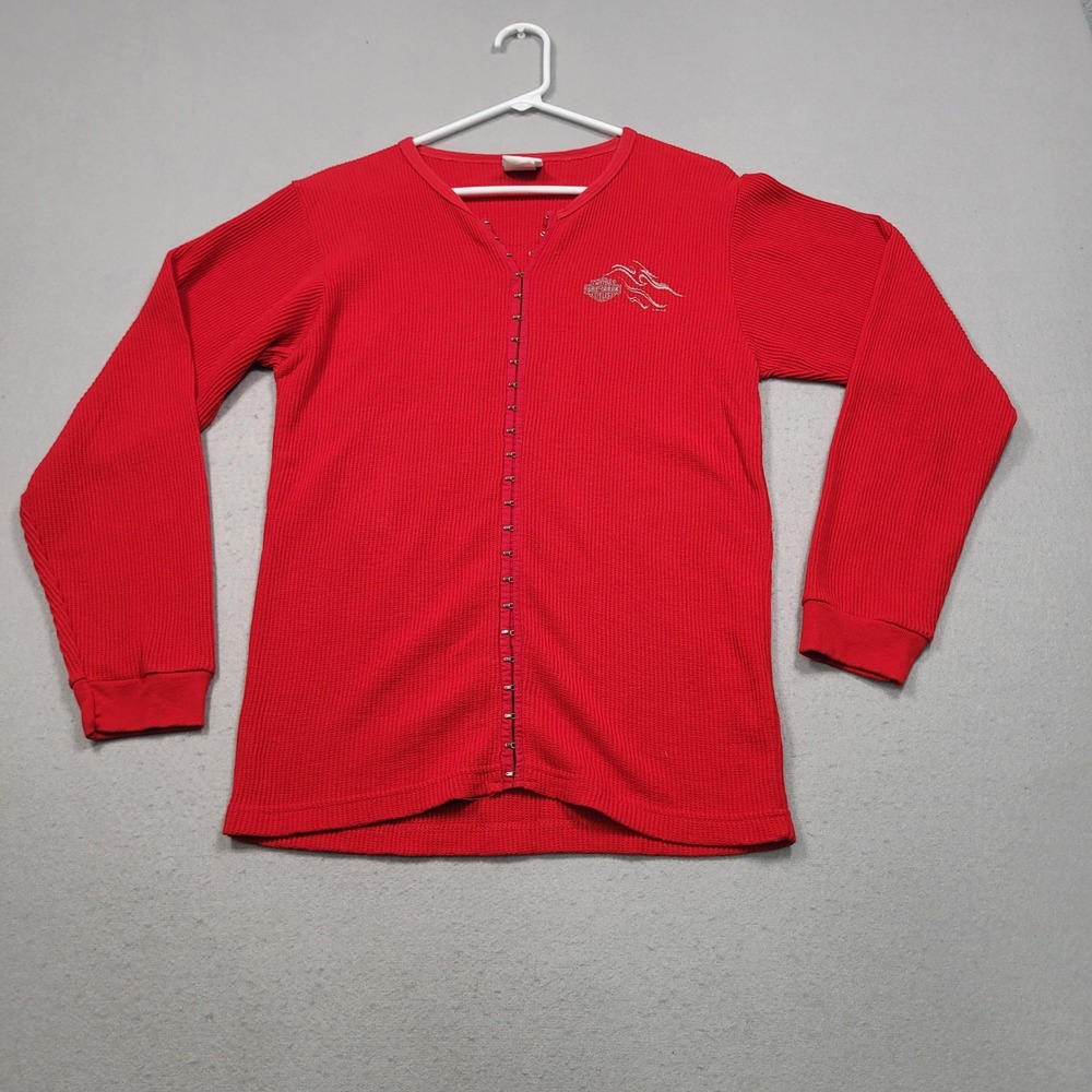 Harley-Davidson Womens Red Waffle Knit Hook Eye Cardigan Daytona Beach Top L